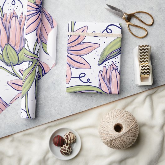 かわいい植物花ピンクと緑のl大事な行事 ラッピングペーパー (クラフト)