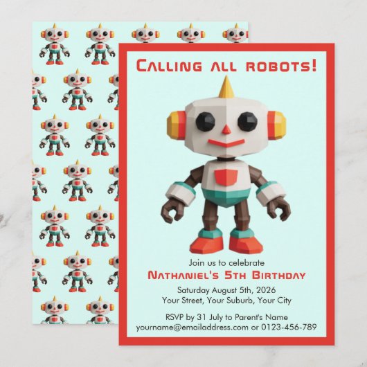 かわいい楽しいロボット子供の誕生日 招待状 (正面/裏面)