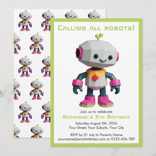 かわいい楽しいロボット子供の誕生日 招待状 (正面/裏面)