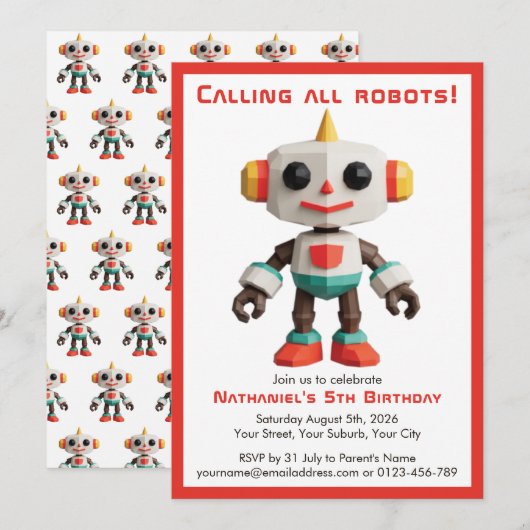かわいい楽しいロボット子供の誕生日 招待状 (正面/裏面)