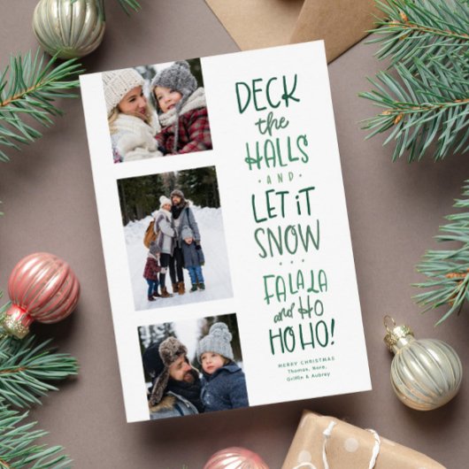 かわいい楽しい緑のタイプ3枚の写真のクリスマス シーズンカード