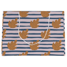 かわいい模様と色 ストライプと葉 紫 ラージペーパーバッグ