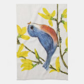 かわいい歌うブルーバードツリーブランチ キッチンタオル (縦)