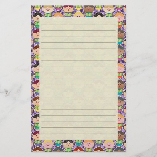かわいい歌う聖歌隊の紫色によって並べられる文房具 便箋 (正面)