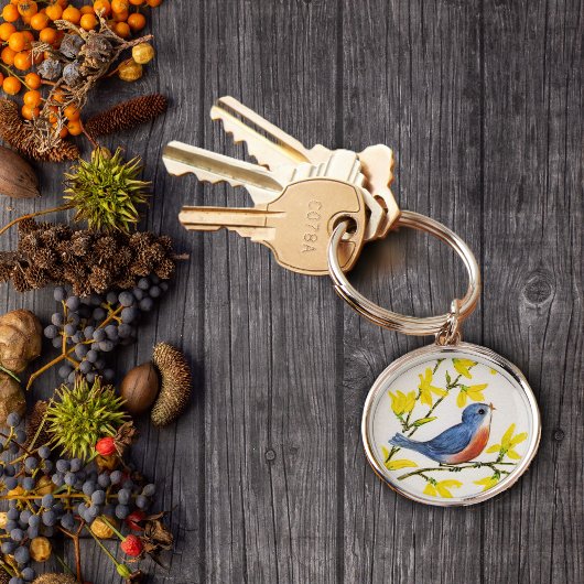 かわいい歌う青い鳥の木 キーホルダー