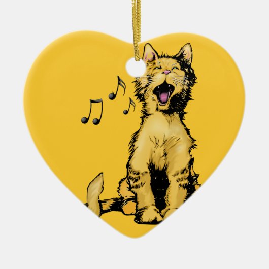 かわいい歌う音符が付いているオレンジ猫のスケッチ セラミックオーナメント (正面)