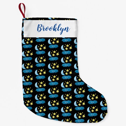 かわいい歌の星、月、雲の漫画 スモールクリスマスストッキング (正面)