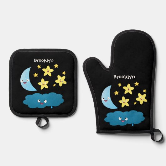 かわいい歌の星、月、雲の漫画 鍋つかみ&鍋敷きセット (正面)