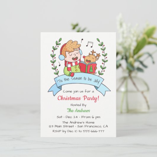 かわいい歌を歌う少年とトナカイのクリスマスパーティー 招待状 (スタンド正面)