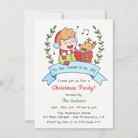 かわいい歌を歌う少年とトナカイのクリスマスパーティー 招待状 (正面)