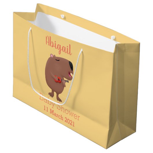 かわいい歌カピバラukulele漫画イラストレーション ラージペーパーバッグ (正面アングル)