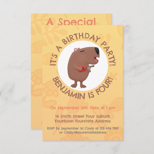 かわいい歌カピバラukulele漫画イラストレーション 招待状 (正面/裏面)