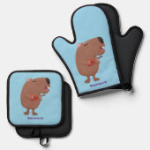 かわいい歌カピバラukulele漫画イラストレーション 鍋つかみ&鍋敷きセット (正面/裏面)