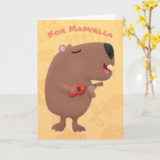かわいい歌声カピバラウクレレ漫画イラストレーション カード (黄色い花)