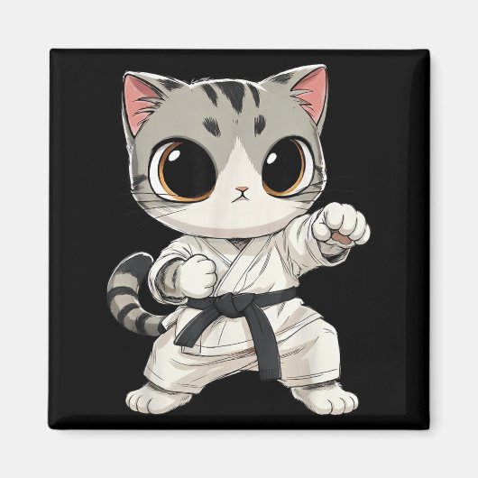 かわいい武術猫空手黒帯面白い マグネット (正面)