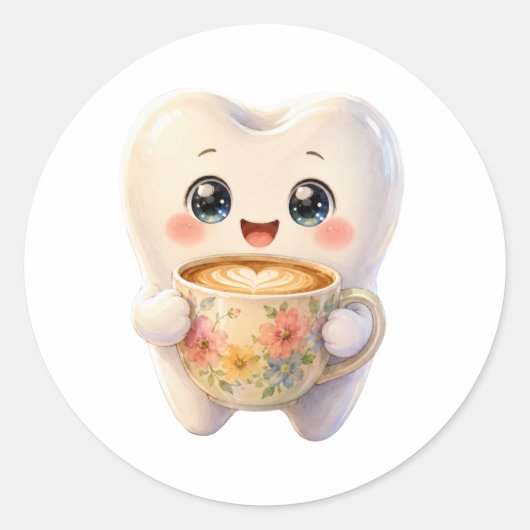 かわいい歯のキャラクター コーヒー好き ラウンドシール (正面)