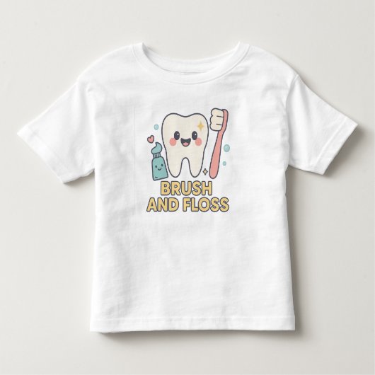 かわいい歯の漫画 – ブラシとフロス歯科衛生士 トドラーTシャツ (正面)