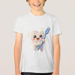 かわいい歯ブラシを持つ幸せな歯のTシャツ トライブレンドTシャツ