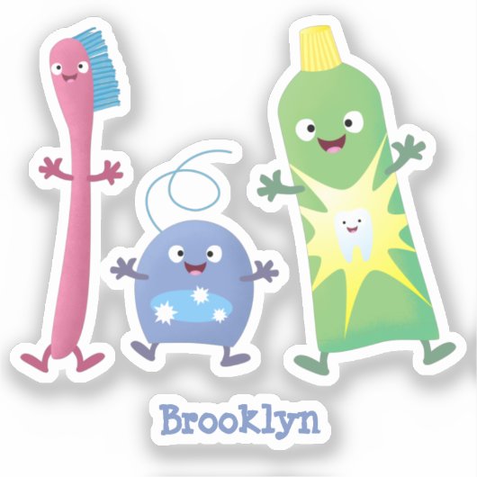 かわいい歯ブラシ歯磨き歯磨き用フロス漫画 シール (正面)