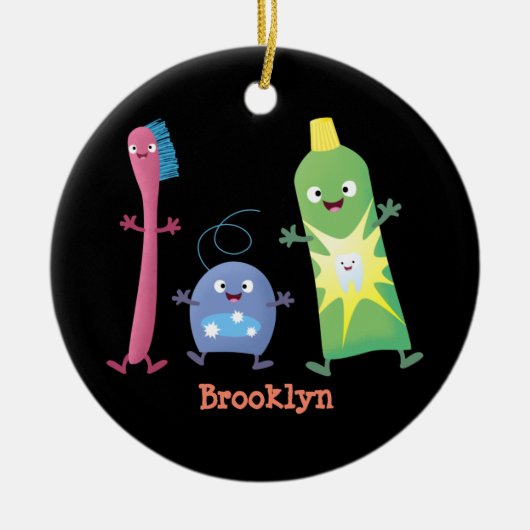 かわいい歯ブラシ歯磨き歯磨き用フロス漫画 セラミックオーナメント (正面)