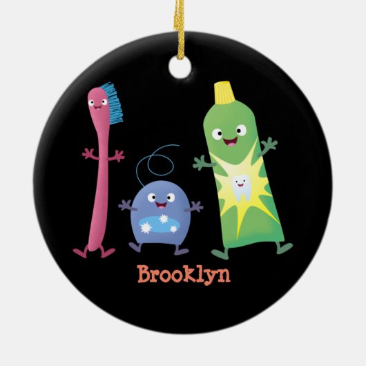 かわいい歯ブラシ歯磨き歯磨き用フロス漫画 セラミックオーナメント (裏面)
