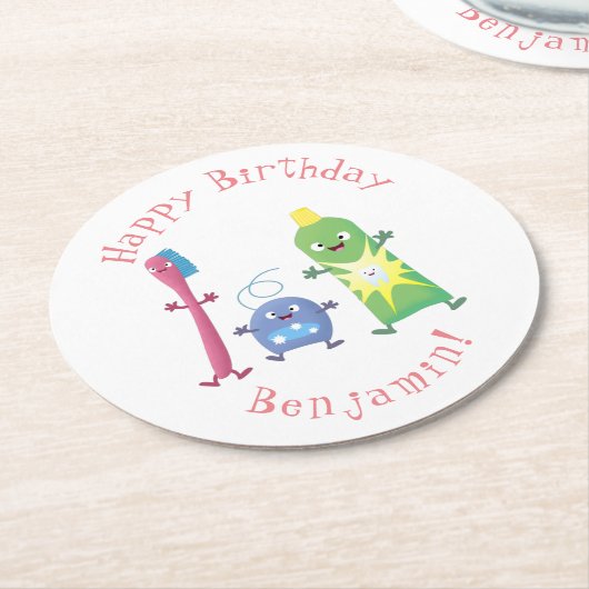 かわいい歯ブラシ歯磨き歯磨き用フロス漫画 ラウンドペーパーコースター (アングル)