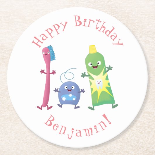 かわいい歯ブラシ歯磨き歯磨き用フロス漫画 ラウンドペーパーコースター (正面)