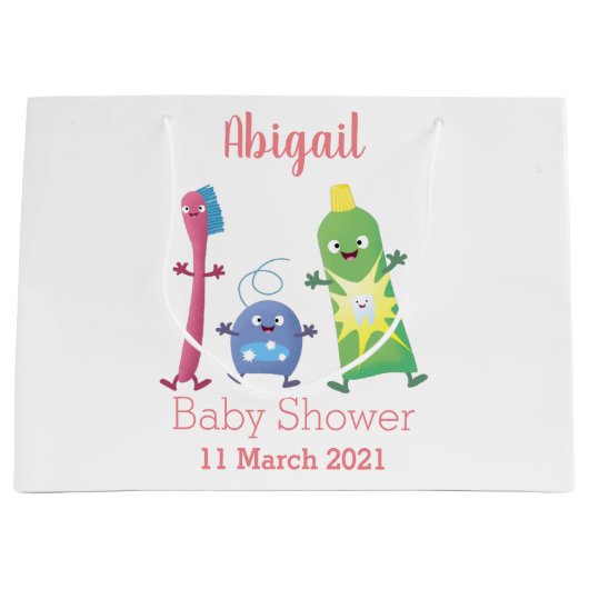 かわいい歯ブラシ歯磨き歯磨き用フロス漫画 ラージペーパーバッグ (正面)