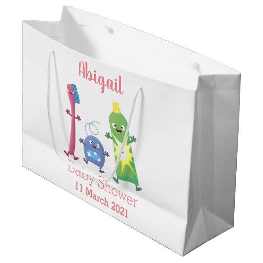 かわいい歯ブラシ歯磨き歯磨き用フロス漫画 ラージペーパーバッグ (正面アングル)