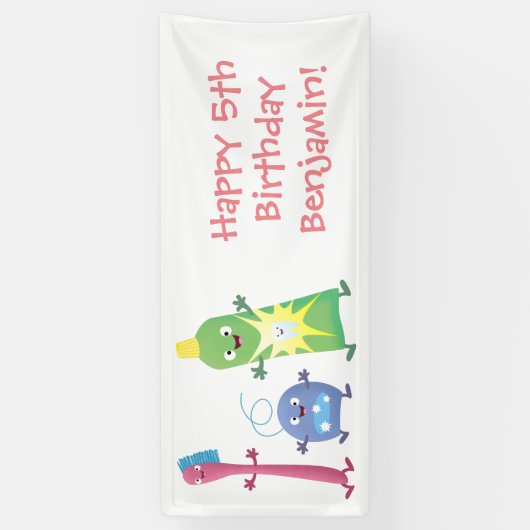 かわいい歯ブラシ歯磨き歯磨き用フロス漫画 横断幕 (縦)