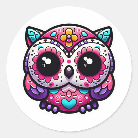 かわいい死んだフクロウの砂糖スカル、死んだフクロウの日 ラウンドシール (正面)