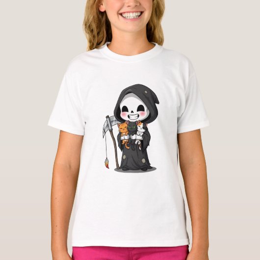 かわいい死神が3匹の子猫を抱えた子供服 Tシャツ (正面)