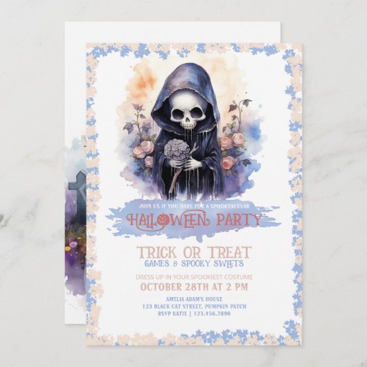 かわいい死神と花水色 招待状 (正面/裏面)