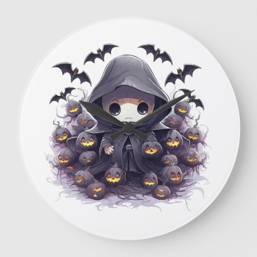 かわいい死神のハロウィン - 愛らしいダークファンタジー ラージ壁時計 (正面)