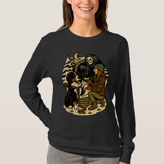 かわいい死神の女の子と犬のホラーな森の夜 Tシャツ (正面)
