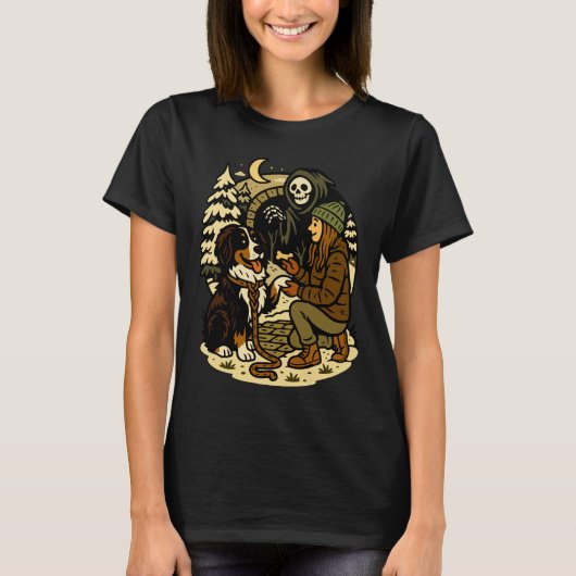 かわいい死神の女の子と犬のホラーな森の夜 Tシャツ (正面)