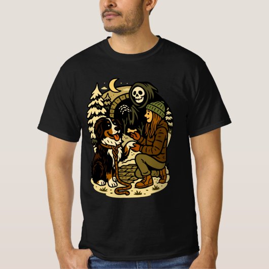 かわいい死神の女の子と犬のホラーな森の夜 Tシャツ (正面)