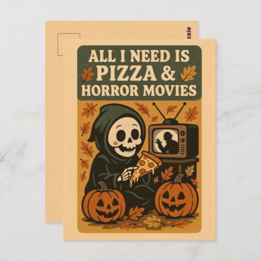 かわいい死神の食べピザ面白いハロウィーン ポストカード (正面/裏面)