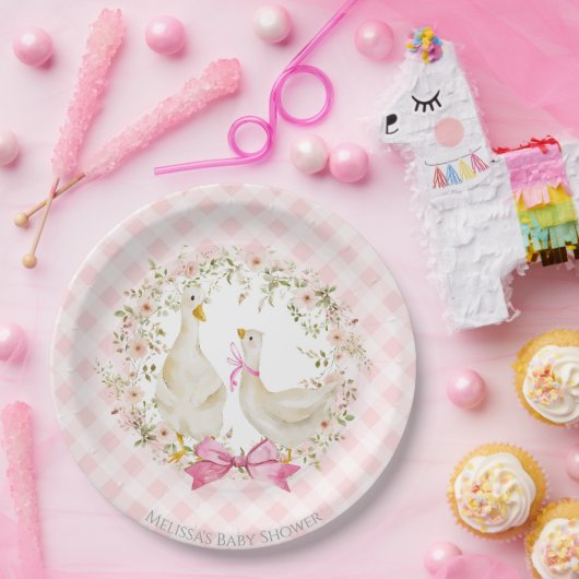 かわいい母とガチョウの小さなギンガムベビーシャワーガール ペーパープレート (パーティー)