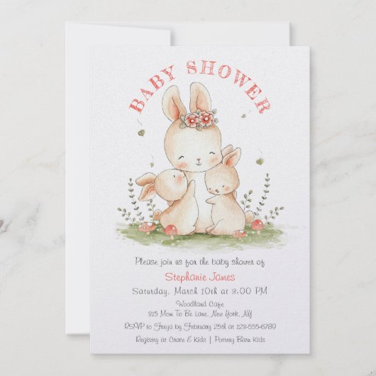 かわいい母とベビーうさぎ赤ちゃんシャワー 招待状 (正面)
