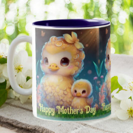 かわいい母とベビーアヒルinガーデン母の日の芸術 ツートーンマグカップ