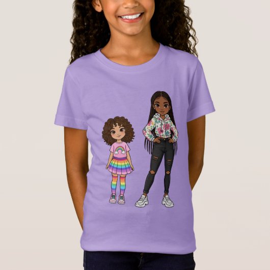 かわいい母と娘の虹のイラストの女の子 Tシャツ (正面)