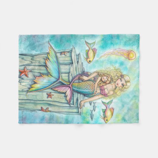 かわいい母と娘マーメイドファンタジーアート フリースブランケット (正面(横))