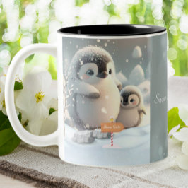 かわいい母と赤ちゃんペンギンの雪のカスタマイズ ツートーンマグカップ