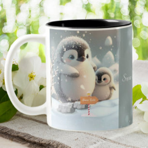 かわいい母と赤ちゃんペンギンの雪のカスタマイズ ツートーンマグカップ