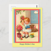 かわいい母の日の小さな女の子、花、犬 ポストカード (正面/裏面)