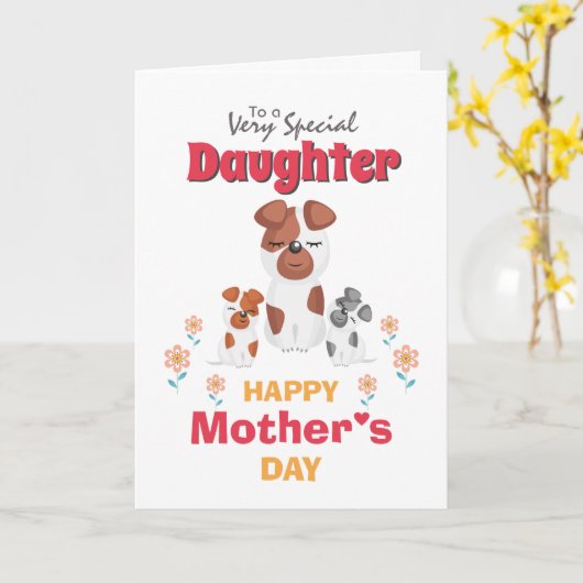 かわいい母犬の子犬の漫画のお母さんの日 カード (黄色い花)