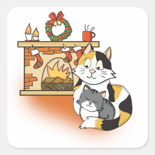 かわいい母猫と子ネコのクリスマスの暖炉 スクエアシール (正面)