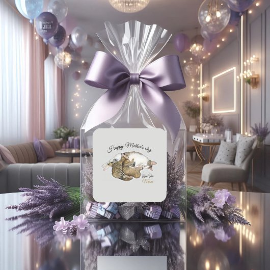 かわいい母猫と子猫カスタムの四角ステッカー スクエアシール