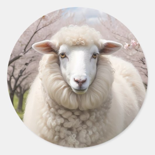 かわいい毛のふわふわした羊 ラウンドシール (正面)